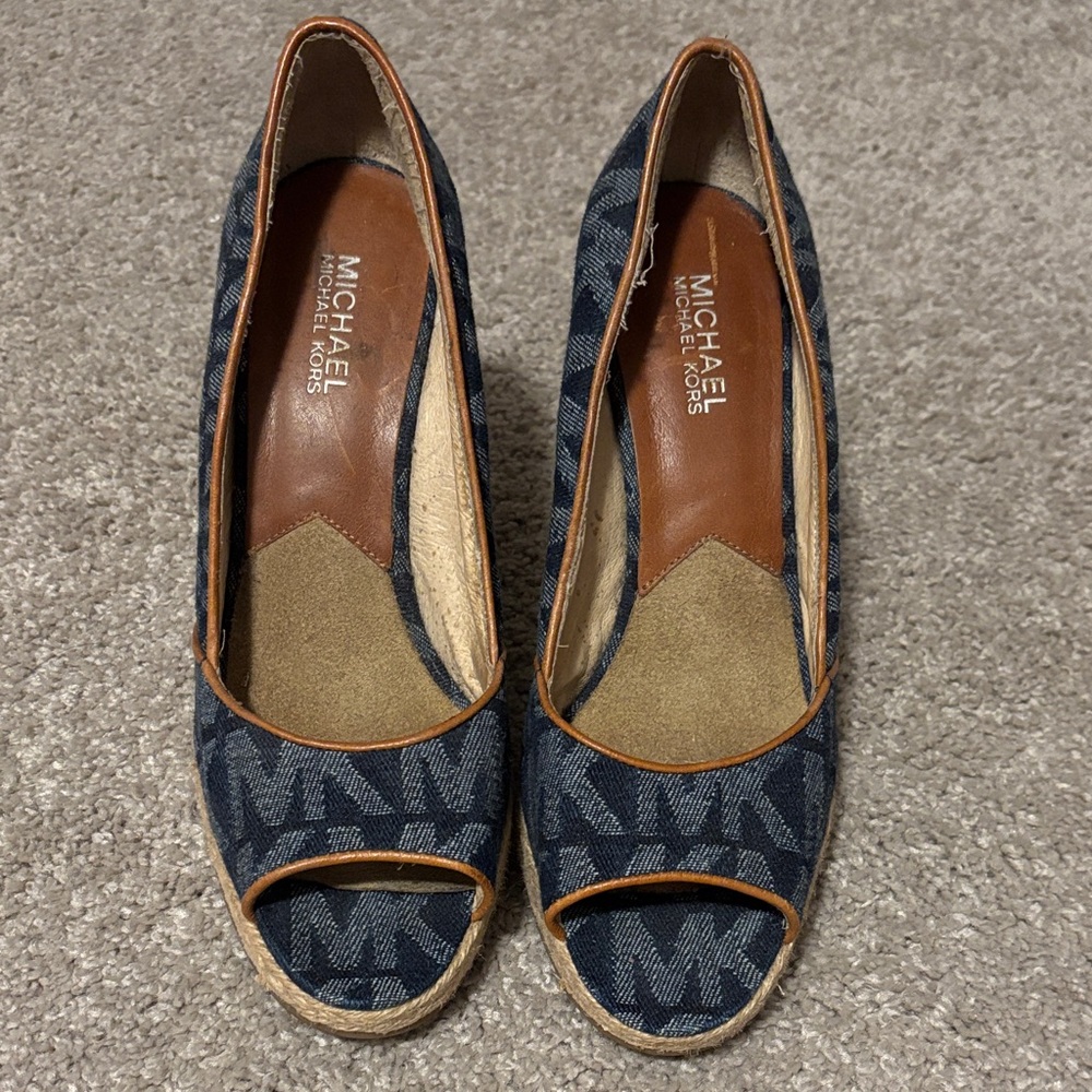 Michael Kors Navy and Tan Espadrille Wedges